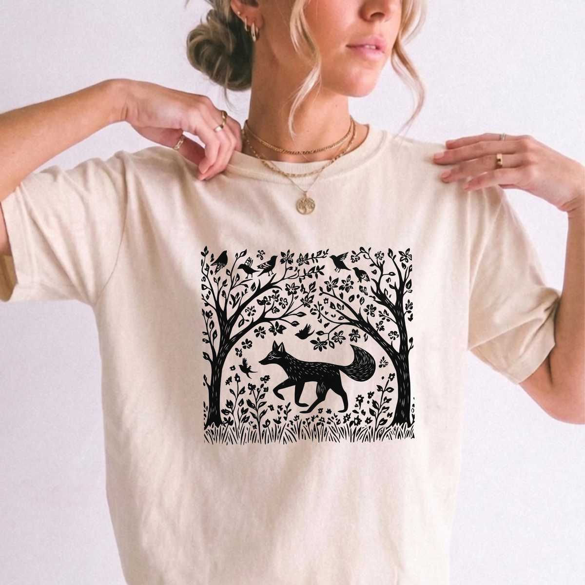 Enchanted Fox & Forest Woodcut T-Shirt | Foxfire & Fable