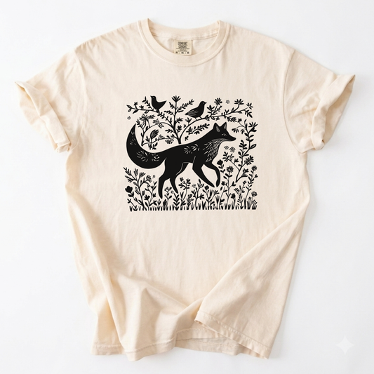 Enchanted Fox & Forest Flora Linocut Graphic T-Shirt | Foxfire & Fable - Ivory