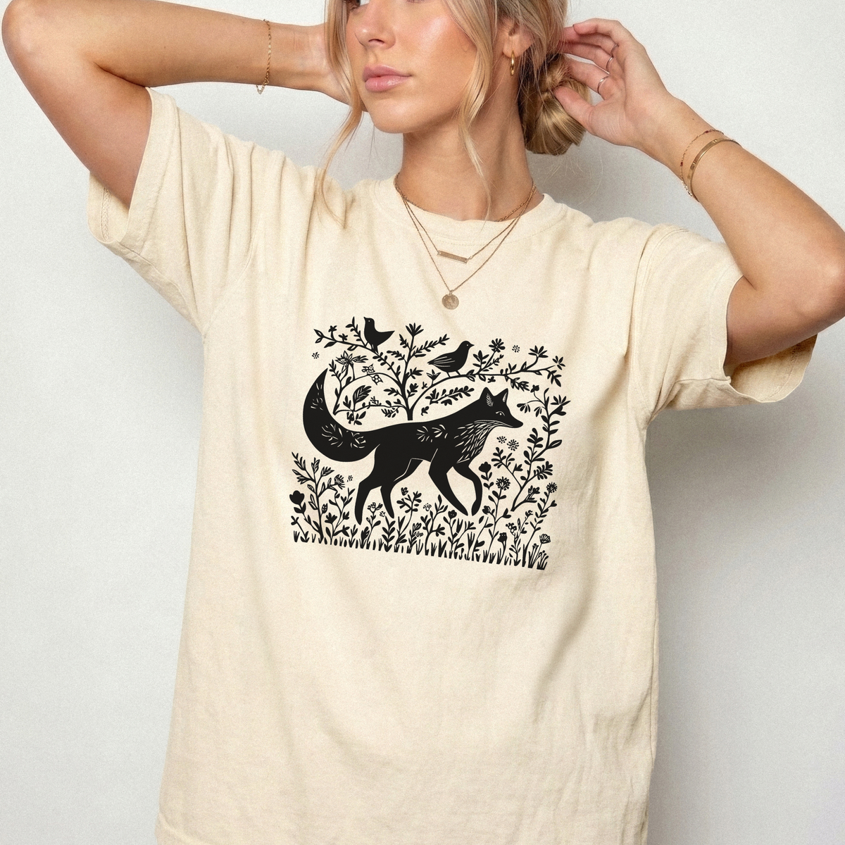 Enchanted Fox & Forest Flora Linocut Graphic T-Shirt | Foxfire & Fable