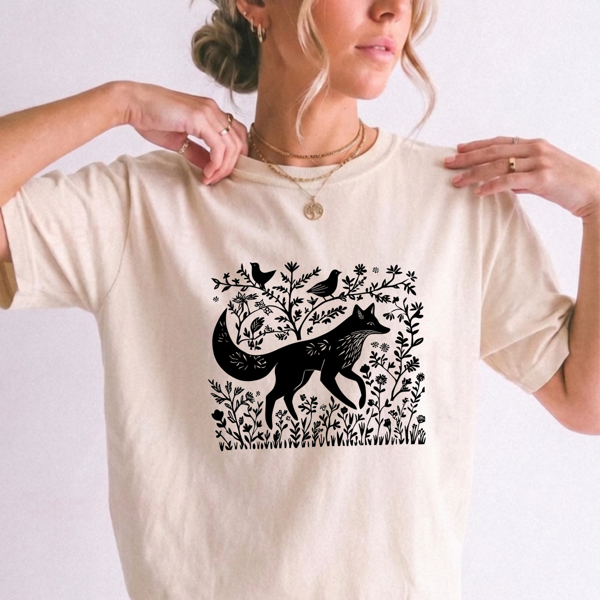 Enchanted Fox & Forest Flora Linocut Graphic T-Shirt | Foxfire & Fable
