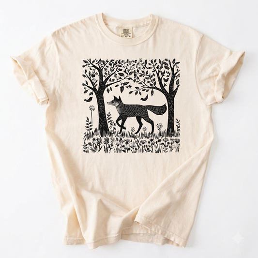 Woodcut Fox and Forest T-Shirt | Cottagecore Graphic Tee | Foxfire & Fable - Ivory