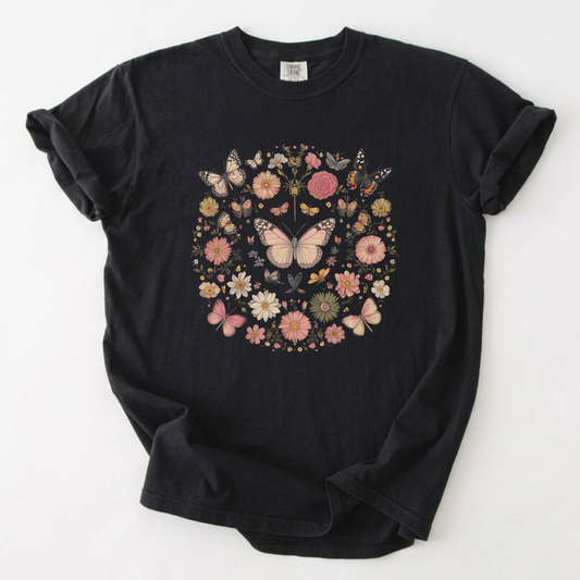 Botanical Butterfly Wreath Vintage Cottagecore T-Shirt | Foxfire & Fable - Black