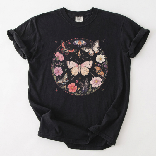 Enchanted Botanical Butterfly Circle Graphic Tee | Foxfire & Fable - Black