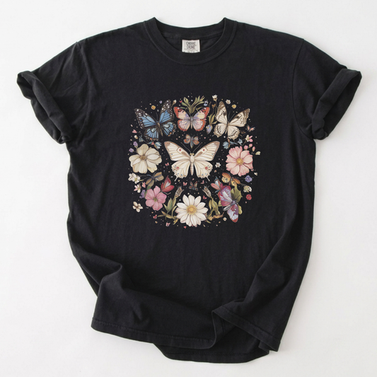 Vintage Botanical Butterfly Garden Graphic Tee | Foxfire & Fable - Black