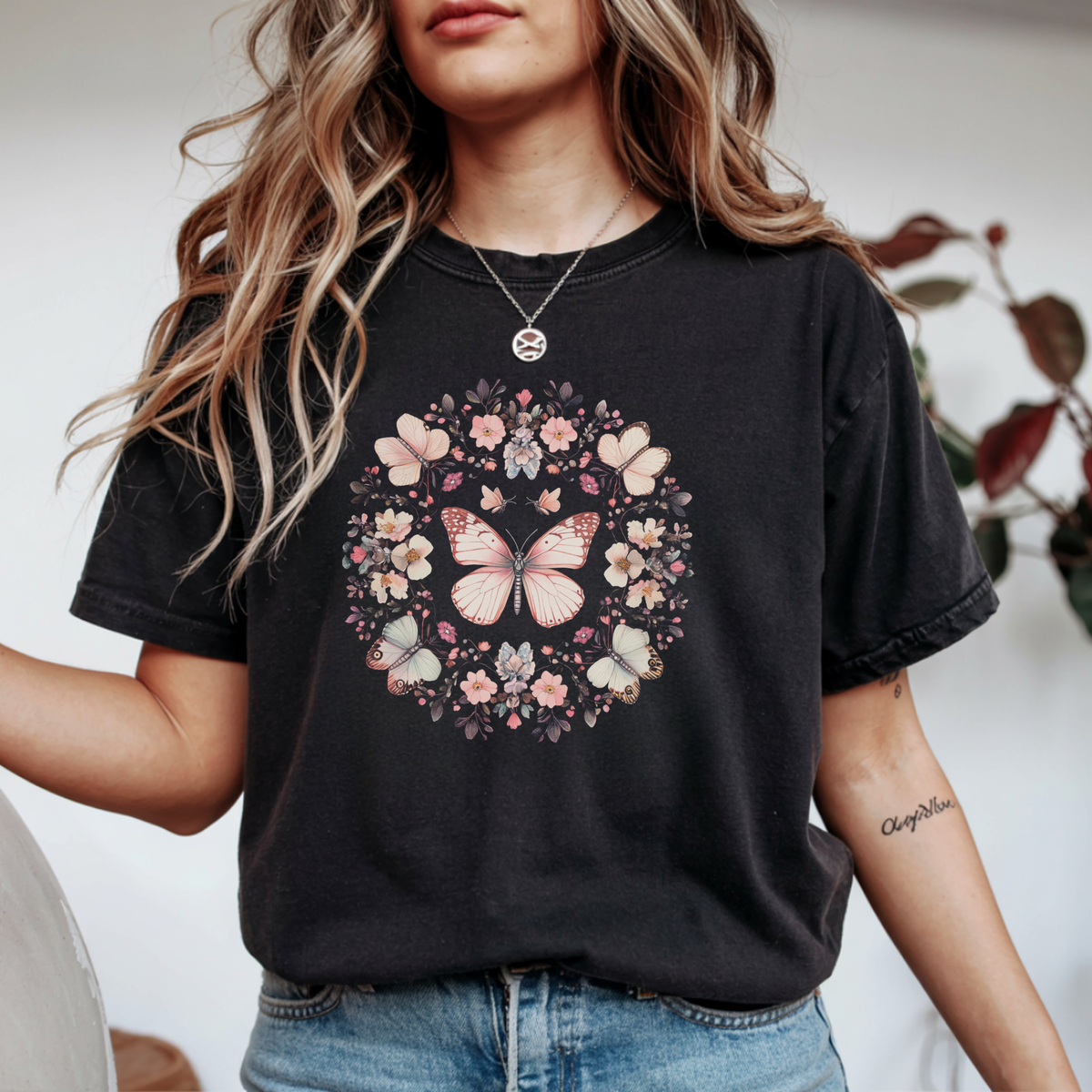 Botanical Butterfly Wreath Graphic Comfort Colors T-Shirt | Foxfire & Fable