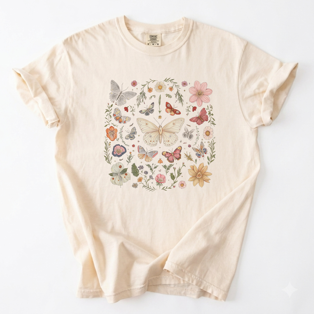 Botanical Butterfly Garden Illustration Heavyweight T-Shirt | Foxfire & Fable - Ivory