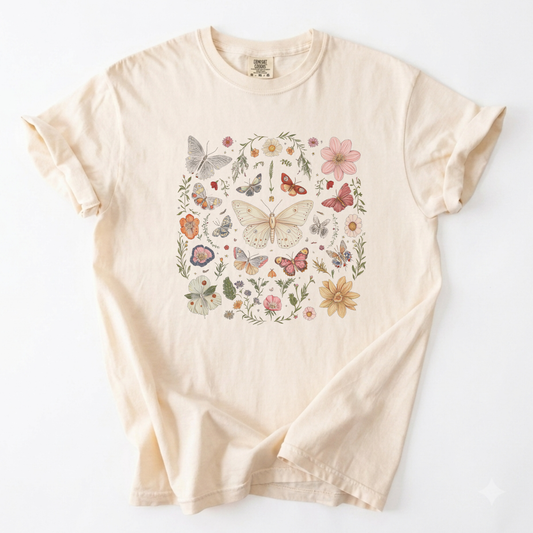 Botanical Butterfly Garden Illustration Heavyweight T-Shirt | Foxfire & Fable - Ivory