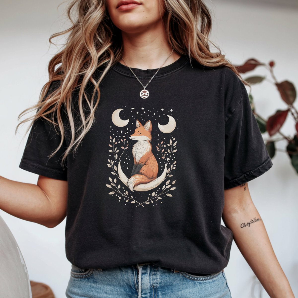 Mystical Fox Celestial Moon Graphic Tee | Foxfire & Fable