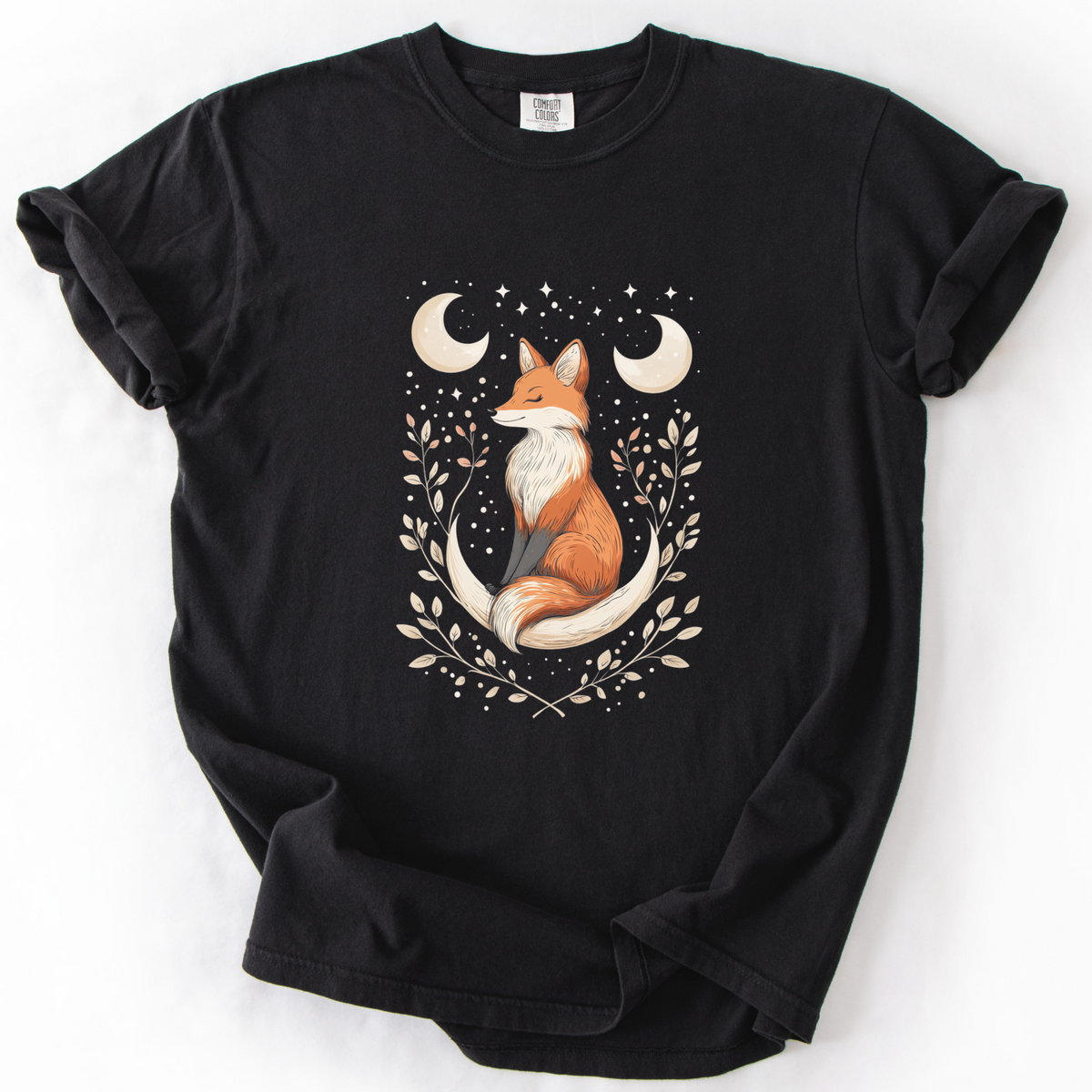 Mystical Fox Celestial Moon Graphic Tee | Foxfire & Fable - Black