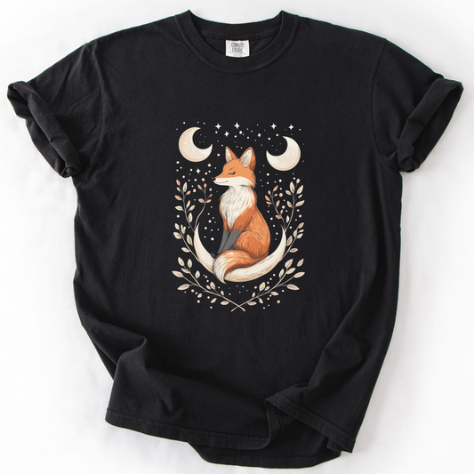 Mystical Fox Celestial Moon Graphic Tee | Foxfire & Fable - Black
