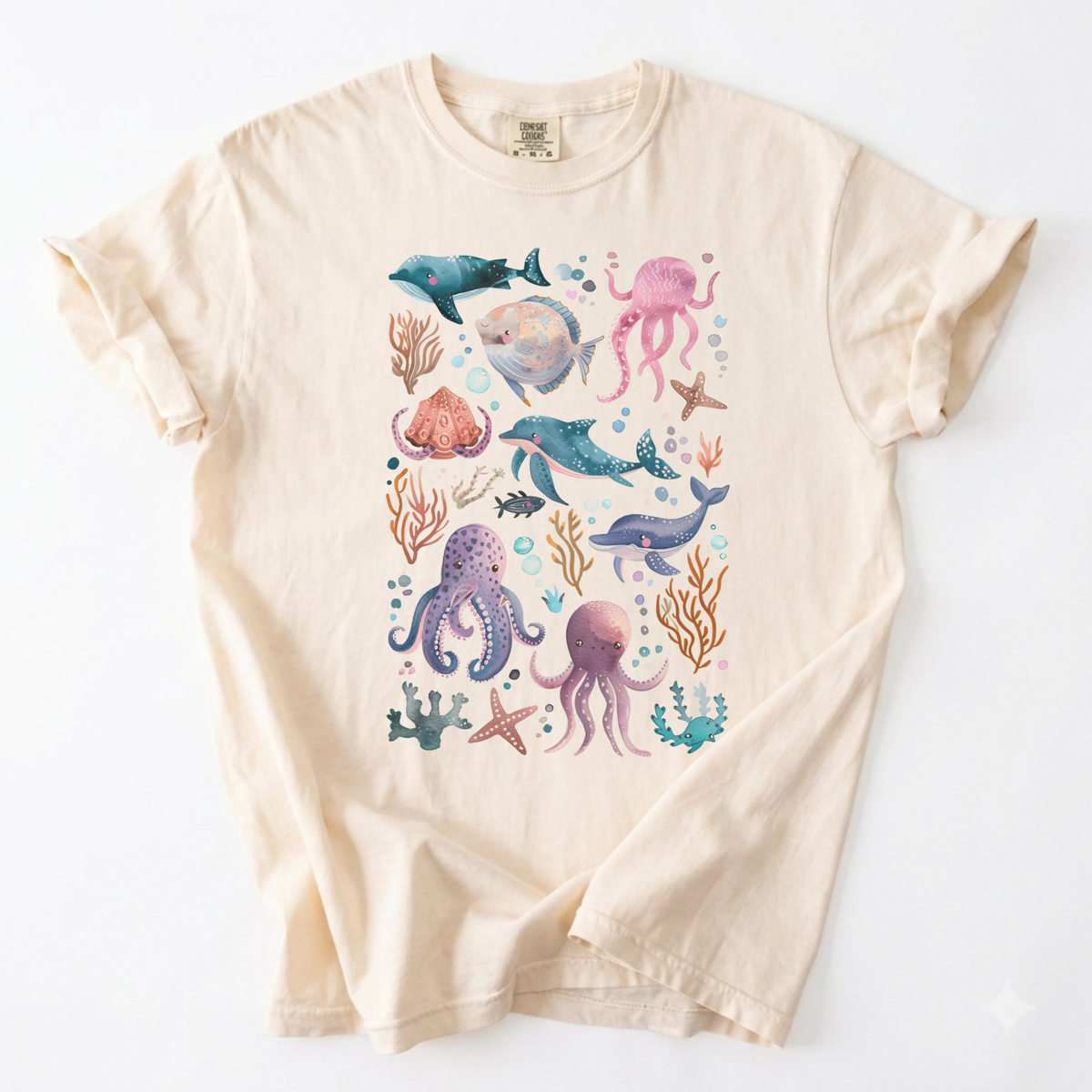 Watercolor Ocean Life Marine Fauna Whales & Octopuses Tee | Foxfire & Fable - Ivory