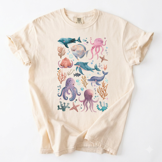 Watercolor Ocean Life Marine Fauna Whales & Octopuses Tee | Foxfire & Fable - Ivory