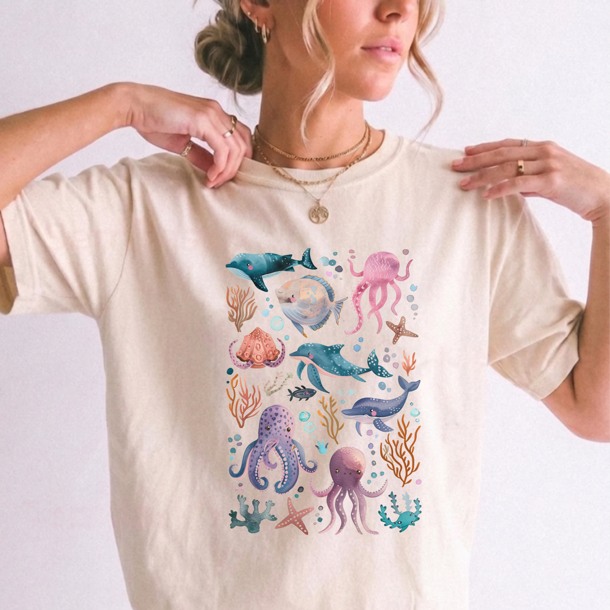 Watercolor Ocean Life Marine Fauna Whales & Octopuses Tee | Foxfire & Fable