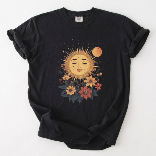 Celestial Sun and Moon Botanical T-Shirt | Foxfire & Fable - Black