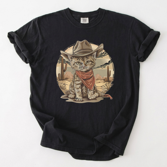 Desert Outlaw Cat Graphic Tee Vintage Western T-Shirt | Foxfire & Fable - Black