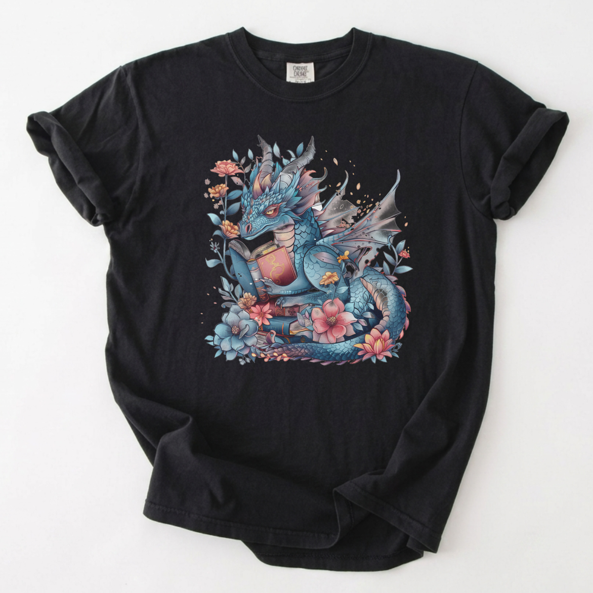 Reading Blue Dragon Floral T-Shirt | Fairytale Fantasy | Foxfire & Fable - Black