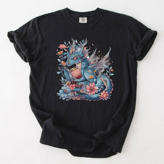 Reading Blue Dragon Floral T-Shirt | Fairytale Fantasy | Foxfire & Fable - Black