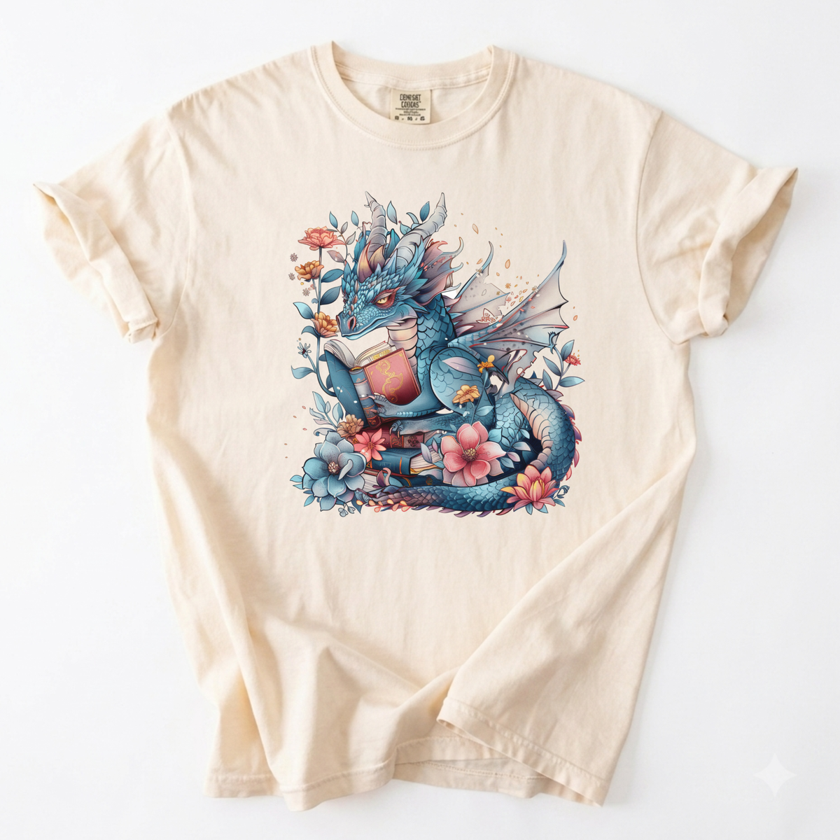 Reading Blue Dragon Floral T-Shirt | Fairytale Fantasy | Foxfire & Fable - Ivory
