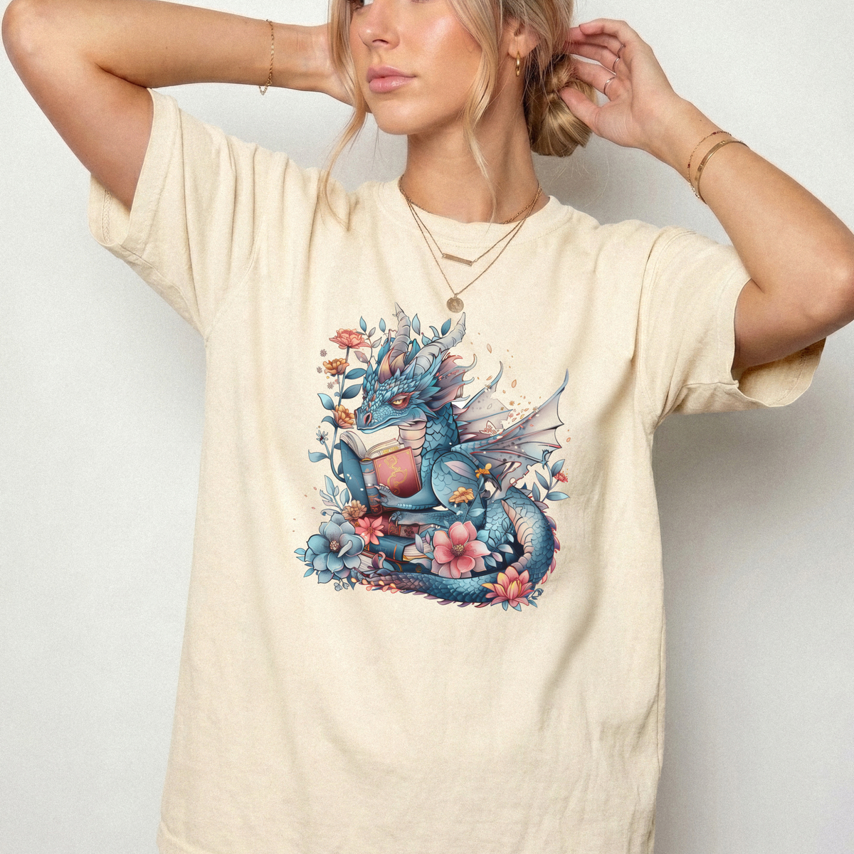 Reading Blue Dragon Floral T-Shirt | Fairytale Fantasy | Foxfire & Fable