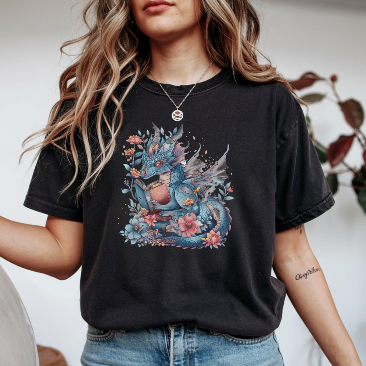 Reading Blue Dragon Floral T-Shirt | Fairytale Fantasy | Foxfire & Fable