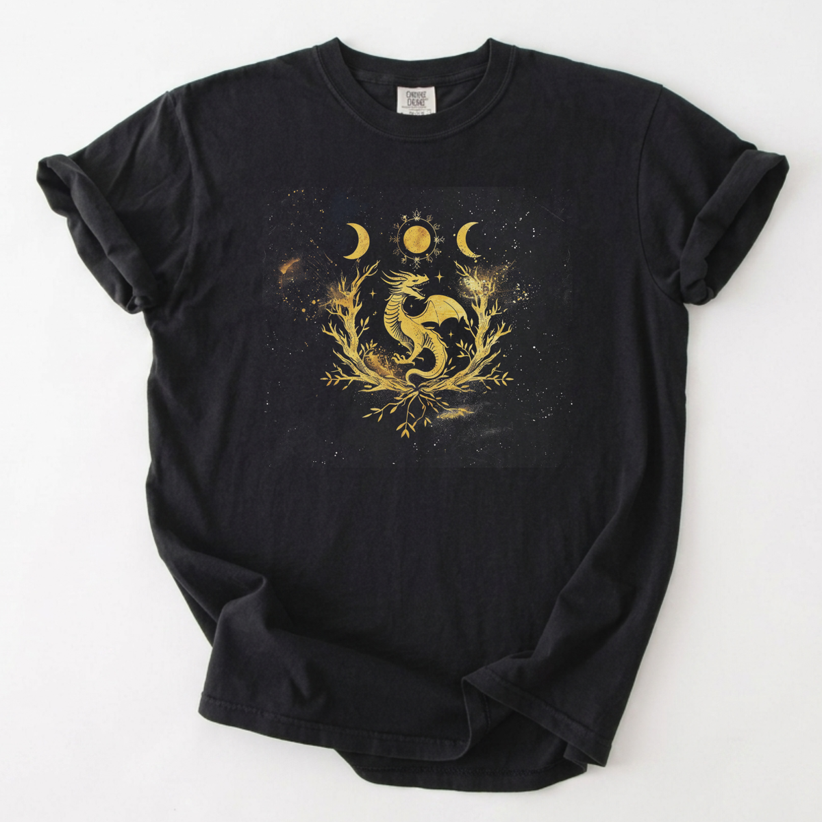 Celestial Dragon Gold Foil Graphic Tee | Foxfire & Fable - Black