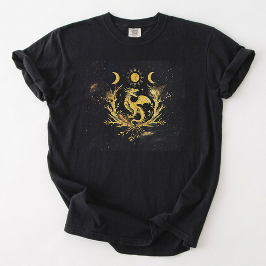 Celestial Dragon Gold Foil Graphic Tee | Foxfire & Fable - Black