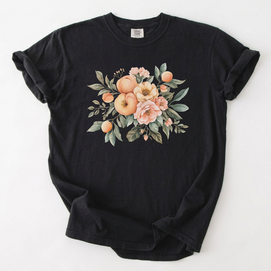 Vintage Peach & Botanical Floral Watercolor T-Shirt | Foxfire & Fable - Black