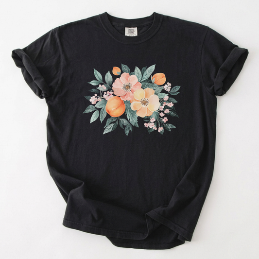 Watercolor Peach Botanical Floral Cottagecore T-Shirt | Foxfire & Fable - Black