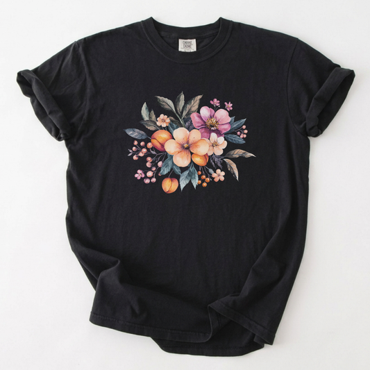 Vintage Botanical Peach Blossom Watercolor T-Shirt | Foxfire & Fable - Black