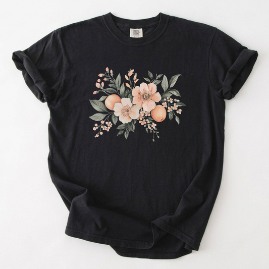 Vintage Botanical Citrus & Peach Blossom Graphic Tee | Foxfire & Fable - Black