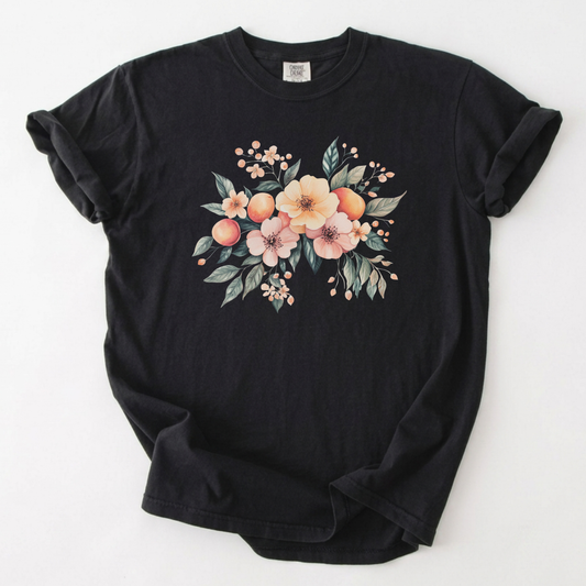 Vintage Floral Botanical Peach Blossom Graphic T-Shirt | Foxfire & Fable - Black