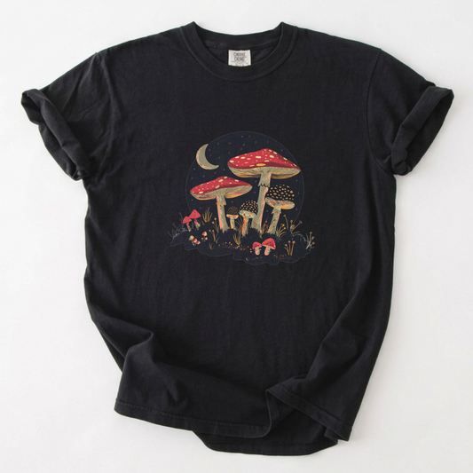 Midnight Mushroom Forest Moon Graphic Tee | Foxfire & Fable - Black