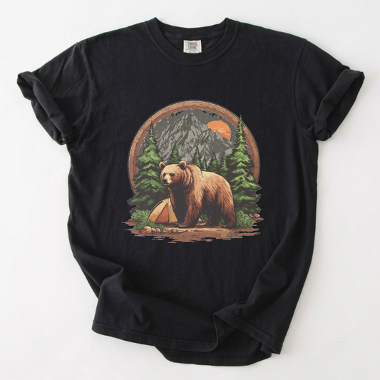 Grizzly Bear Wilderness Camping Graphic Tee | Foxfire & Fable - Black