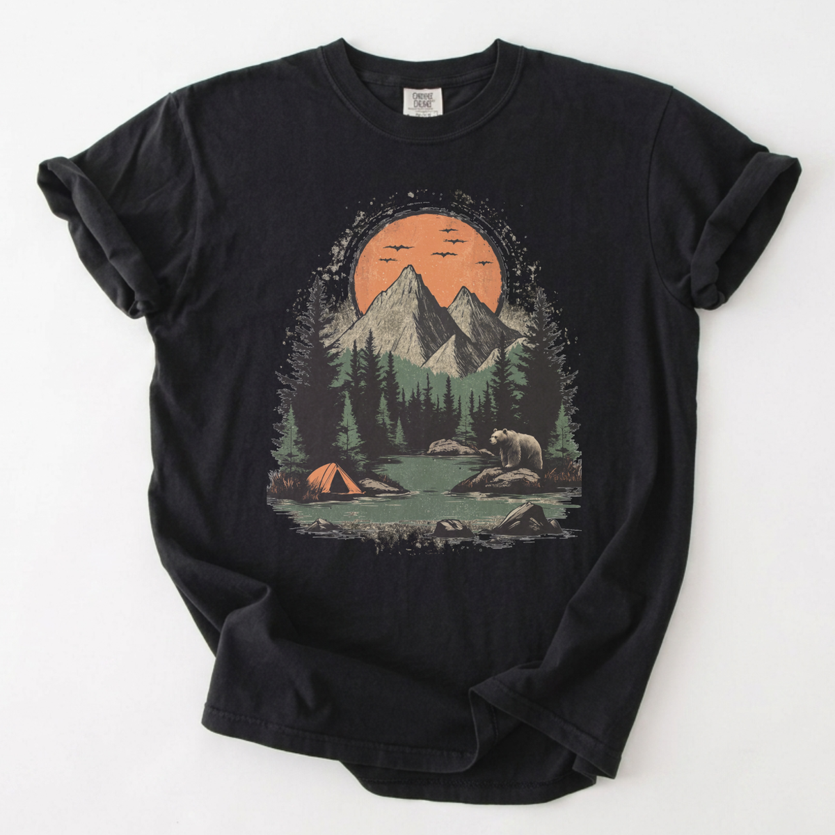 Vintage Mountain Wilderness Camping Graphic Tee | Foxfire & Fable - Black
