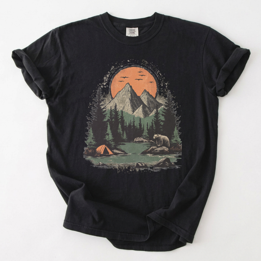 Vintage Mountain Wilderness Camping Graphic Tee | Foxfire & Fable - Black