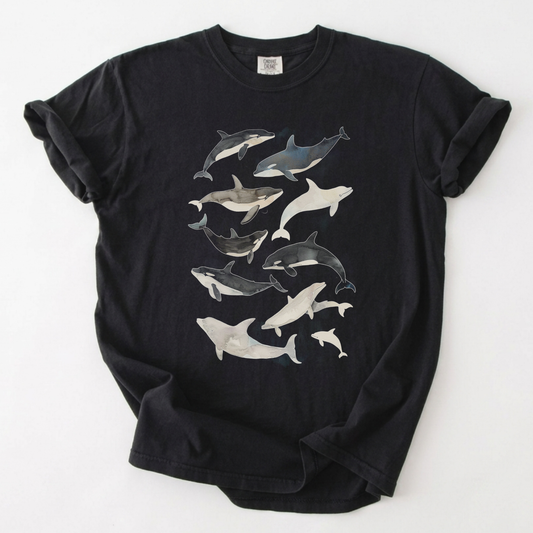 Watercolor Pod of Orcas & Dolphins Heavyweight Tee | Foxfire & Fable - Black