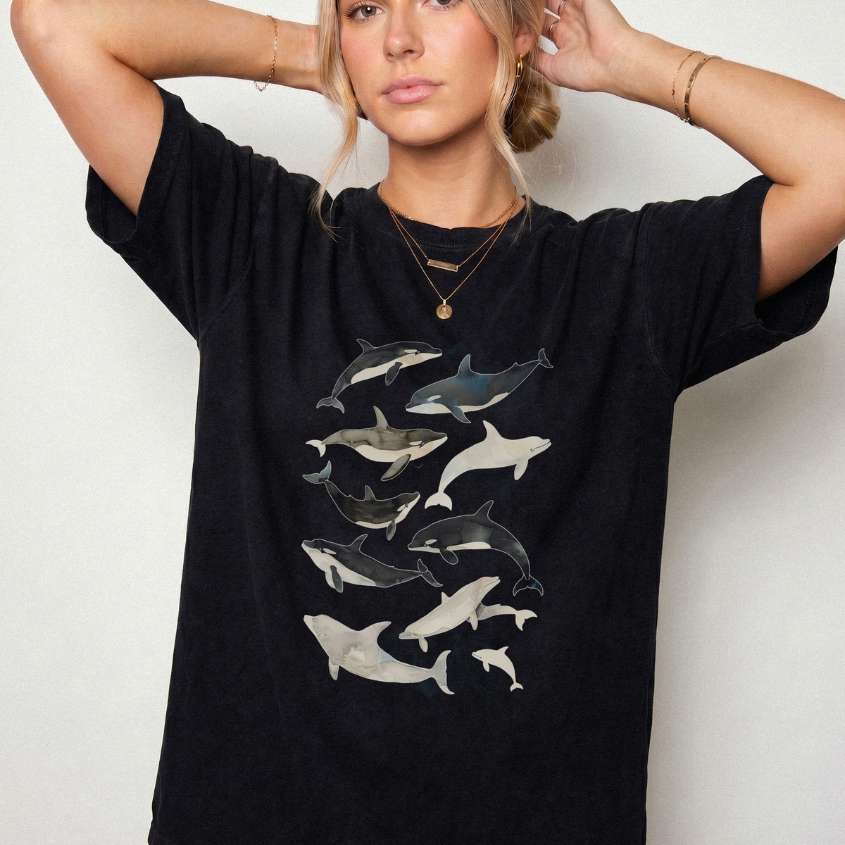 Watercolor Pod of Orcas & Dolphins Heavyweight Tee | Foxfire & Fable