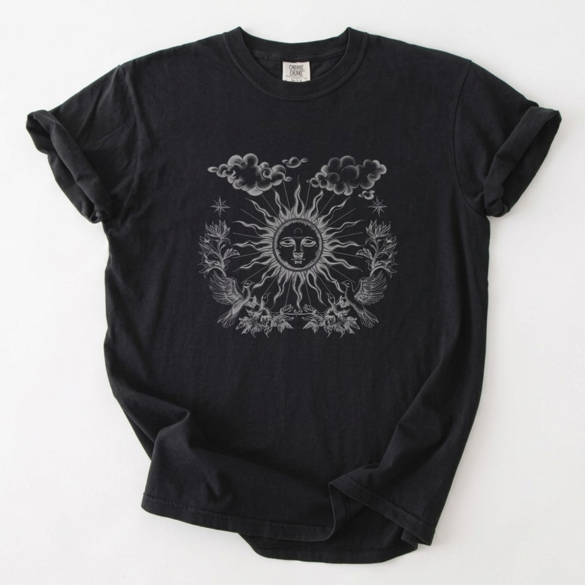 Celestial Sun & Cloud Vintage Line Art Cotton T-Shirt | Foxfire & Fable - Black