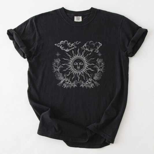 Celestial Sun & Cloud Vintage Line Art Cotton T-Shirt | Foxfire & Fable - Black