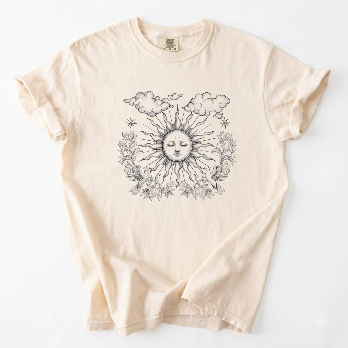 Celestial Sun & Cloud Vintage Line Art Cotton T-Shirt | Foxfire & Fable - Ivory