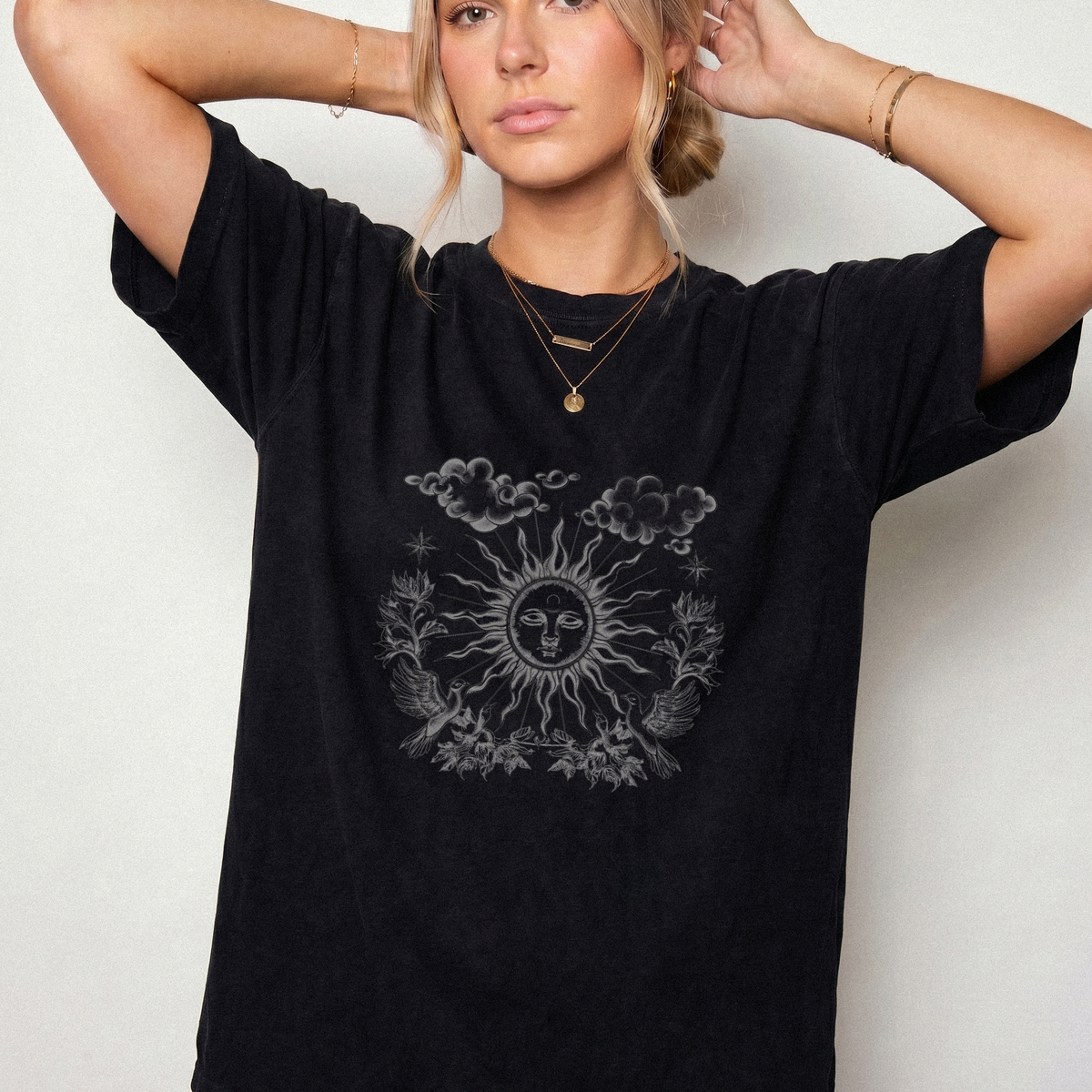 Celestial Sun & Cloud Vintage Line Art Cotton T-Shirt | Foxfire & Fable