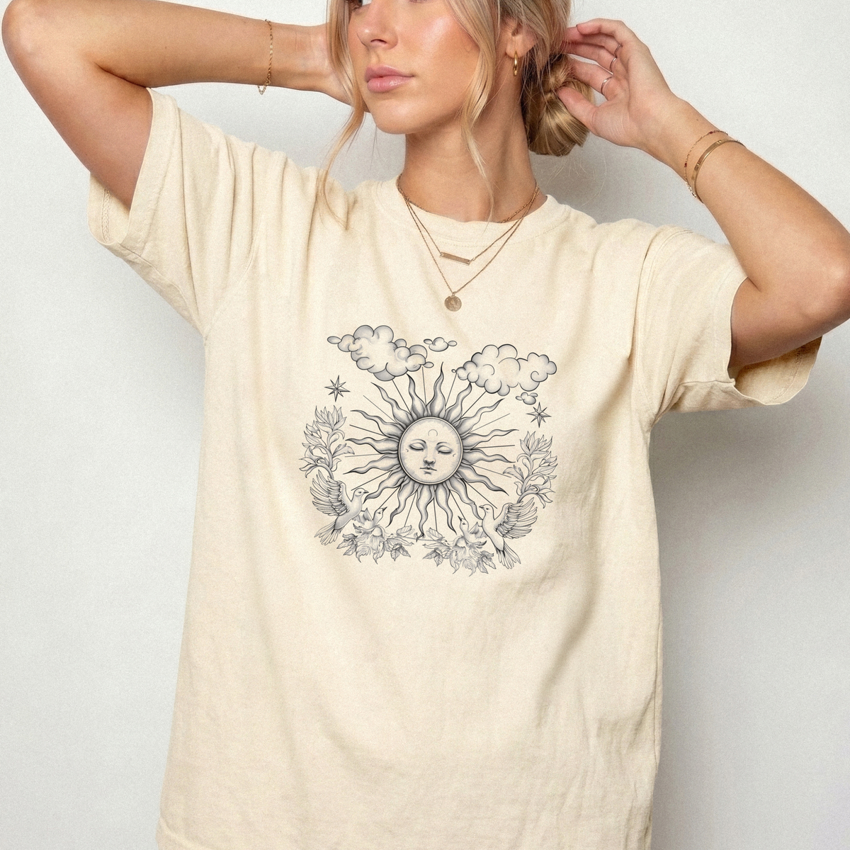 Celestial Sun & Cloud Vintage Line Art Cotton T-Shirt | Foxfire & Fable