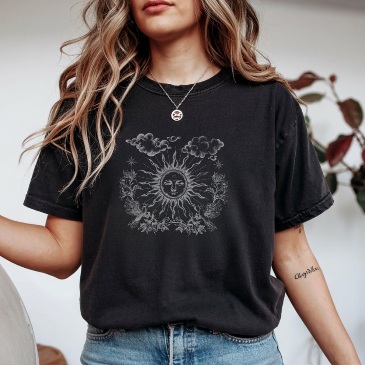 Celestial Sun & Cloud Vintage Line Art Cotton T-Shirt | Foxfire & Fable