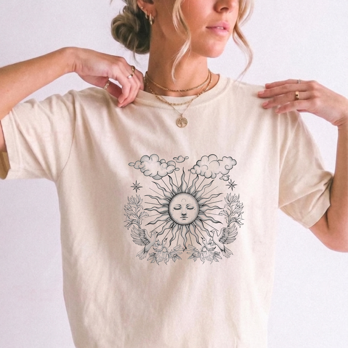 Celestial Sun & Cloud Vintage Line Art Cotton T-Shirt | Foxfire & Fable