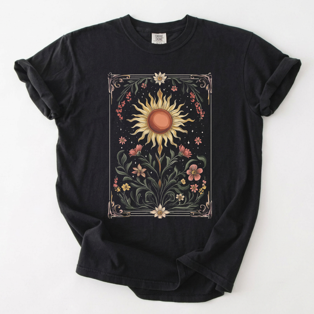 Celestial Sun Floral Framed T-Shirt | Foxfire & Fable - Black