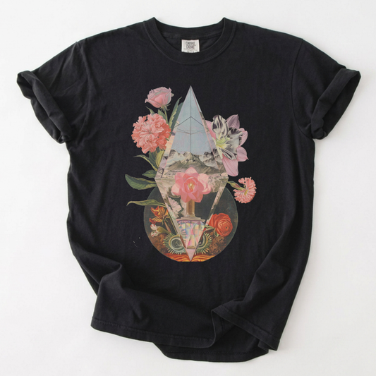 Surreal Botanical Crystal Gemstone Graphic T-Shirt | Foxfire & Fable - Black