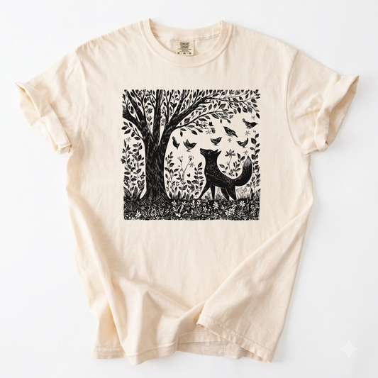 Enchanted Fox & Forest Tree Linework T-Shirt | Foxfire & Fable - Ivory