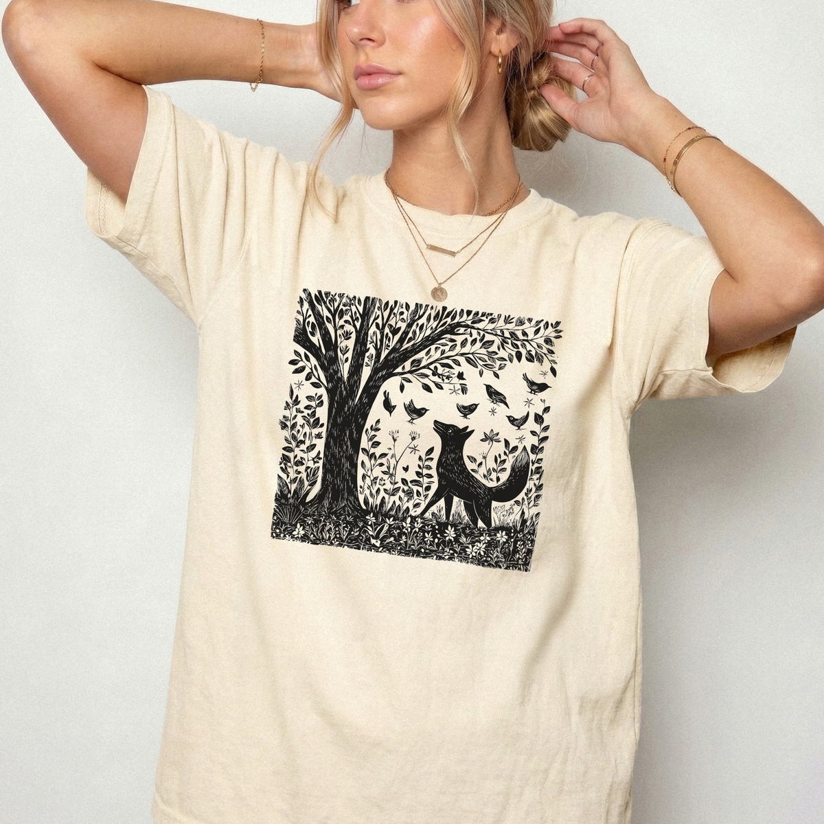 Enchanted Fox & Forest Tree Linework T-Shirt | Foxfire & Fable