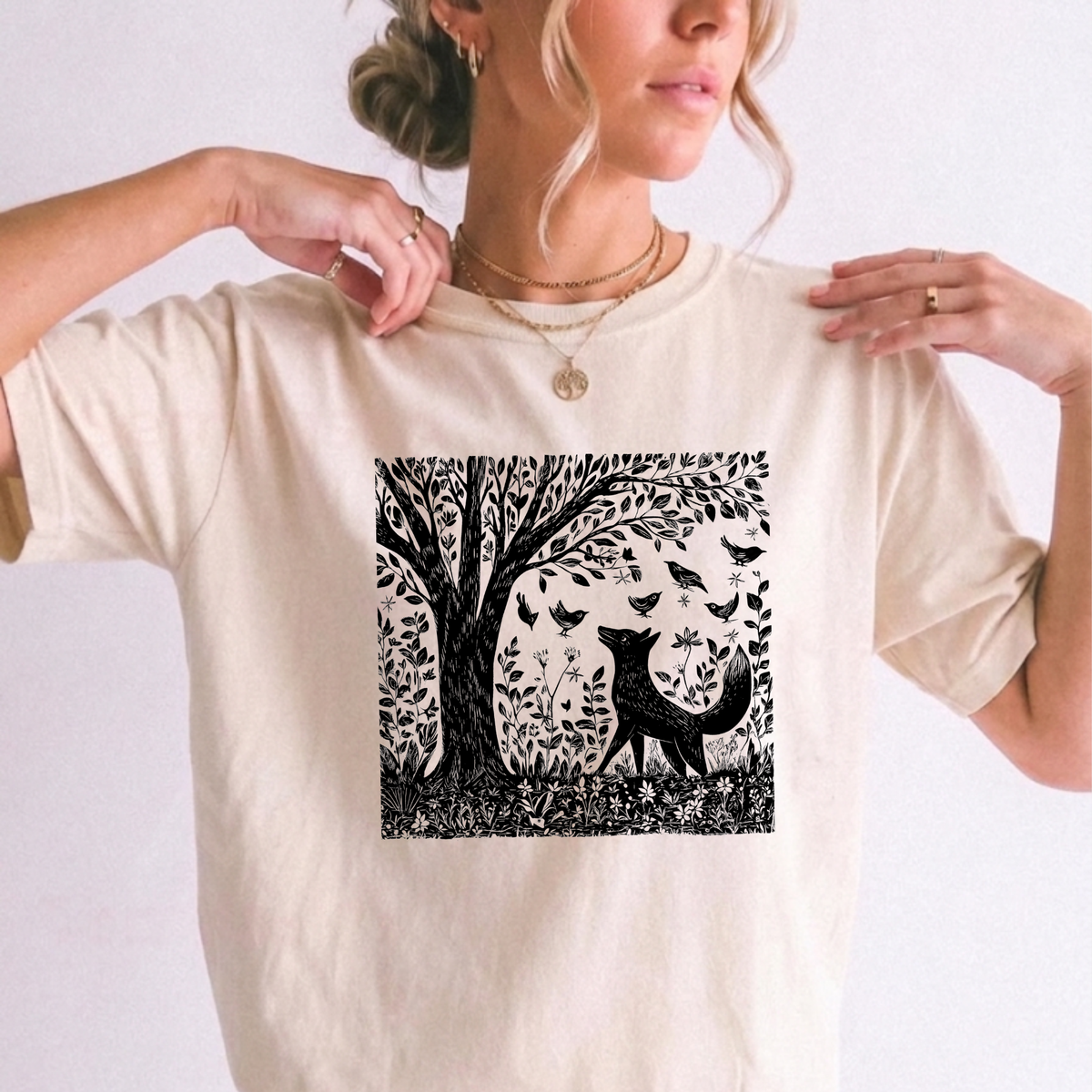 Enchanted Fox & Forest Tree Linework T-Shirt | Foxfire & Fable