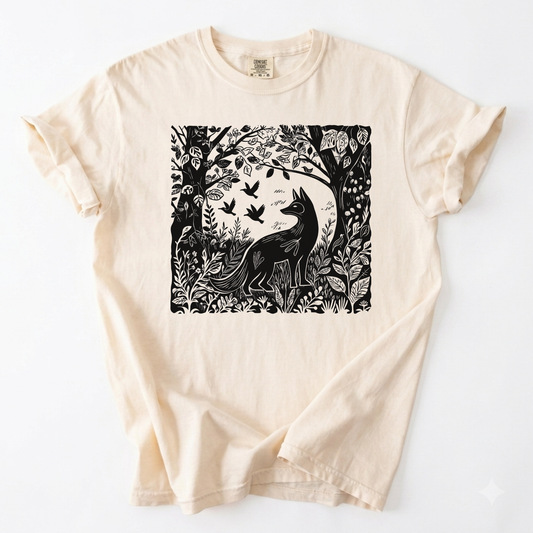 Fox and Forest Woodcut T-Shirt, Witchy Botanical Tee | Foxfire & Fable - Ivory